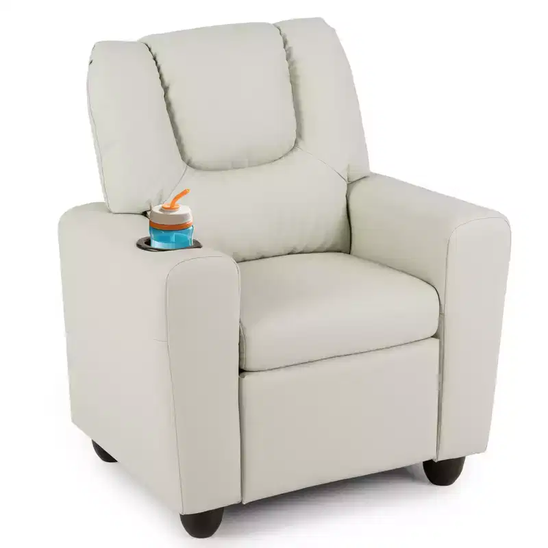 Kids Recliner Chair with Cup Holder – Beige / Black / Brown / Pink, Push-Back Style, 1-Seat