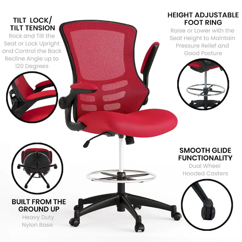 Mid-Back Ergonomic Drafting Chair with Adjustable Foot Ring and Flip-Up Arms