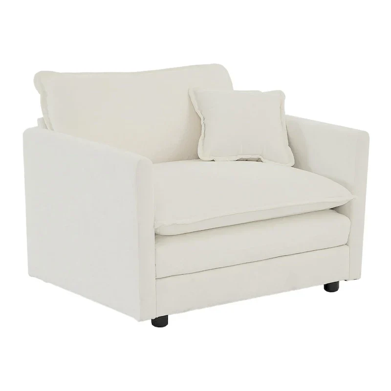 Comfy Deep Single Seat Sofa Upholstered Reading Armchair Living Room Chair White Chenille Fabric , 1 Toss Pillow