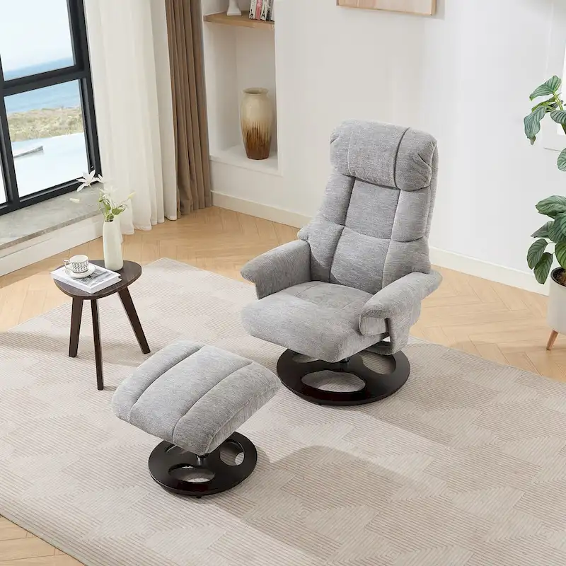 Heated Massage Armchair Chenille Fabric Seating Swivel Recliner Chair with Ottoman, Adjustable Backrest and Remote