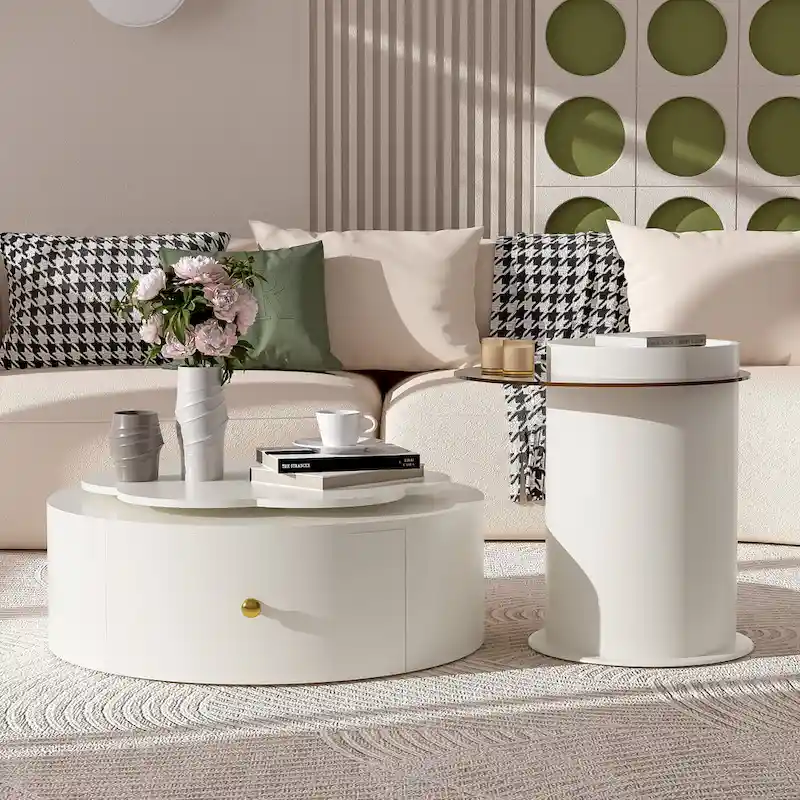 Modern Round Coffee Table Set of 2, 360-Degree Rotatable Flower-shaped Top with 2 Drawers, Top Circle Side Table with Glass