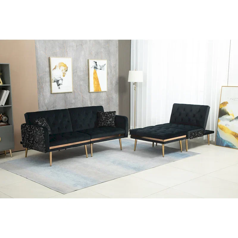 Polyester Upholstered Tufted Sleeper L-Shaped Sectional Sofa With Ottoman