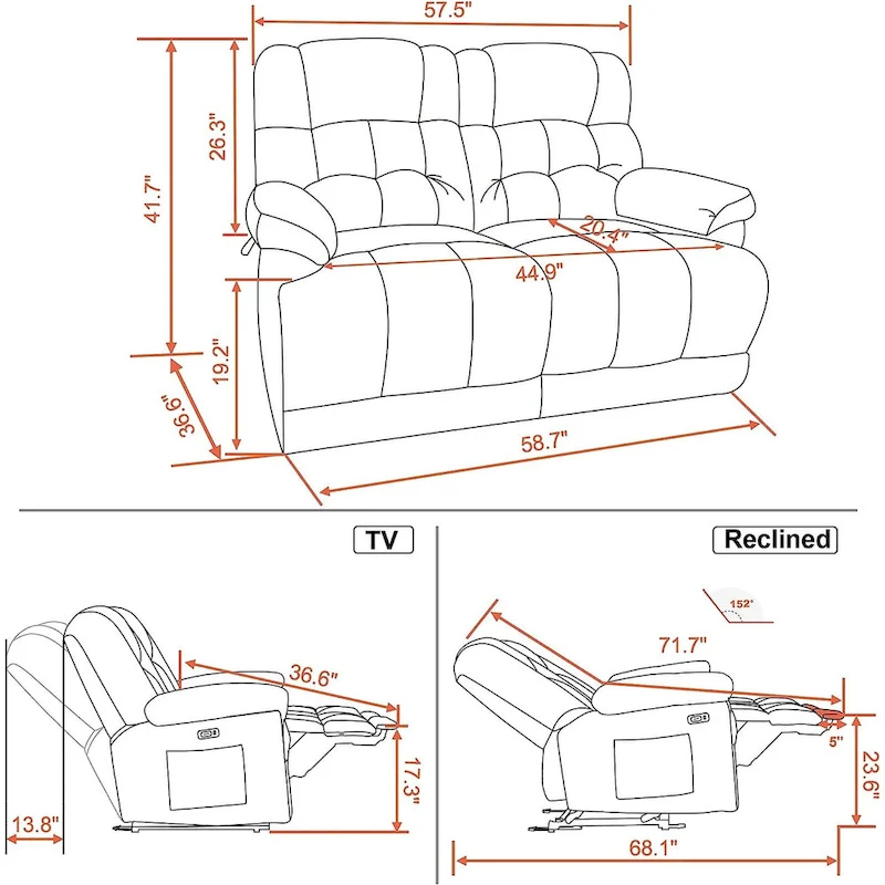 Power Reclining Loveseat, Red/Grey/Beige/Blue/Brown, Heat & Massage, Seats 2