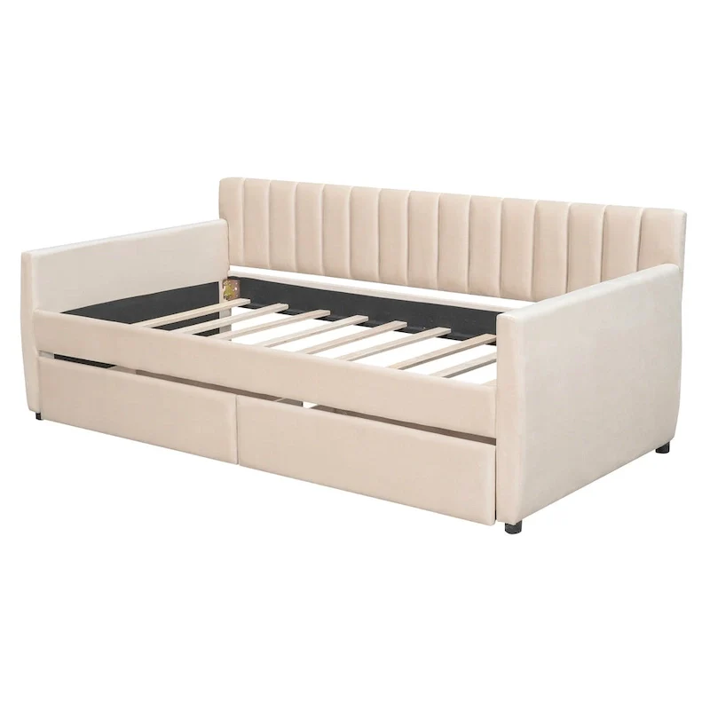 Velvet Daybed with Trundle & Wood Slats
