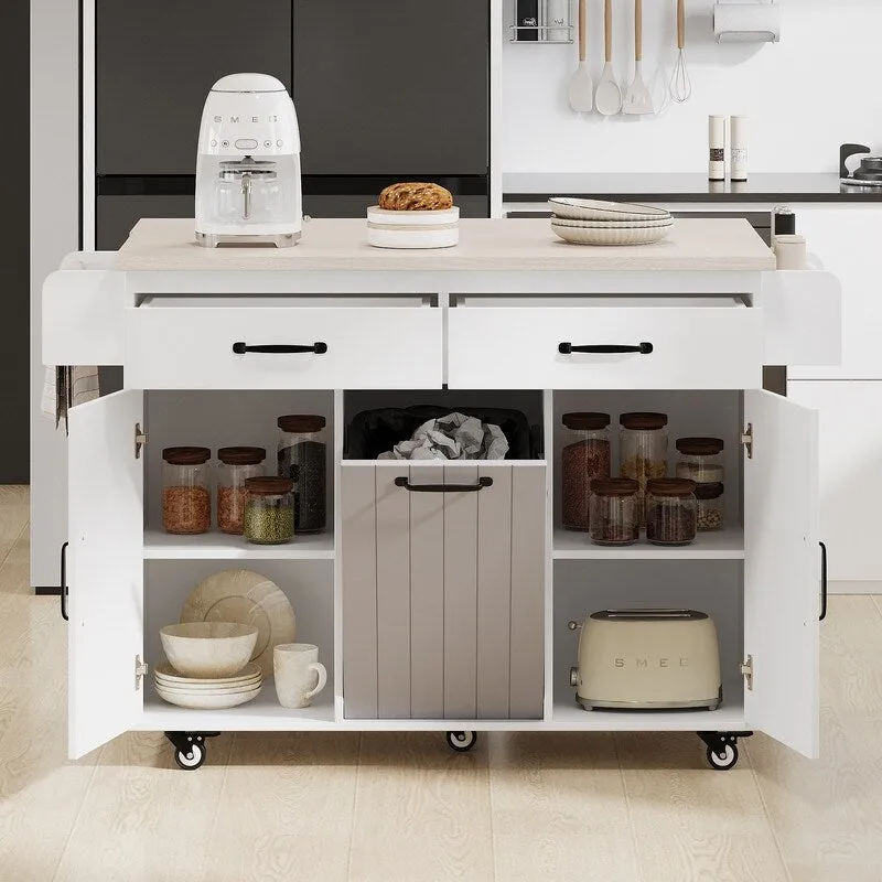Rolling Kitchen Island with Trash Can, Kitchen Cart with Drop Leaf, Adjustable Shelf
