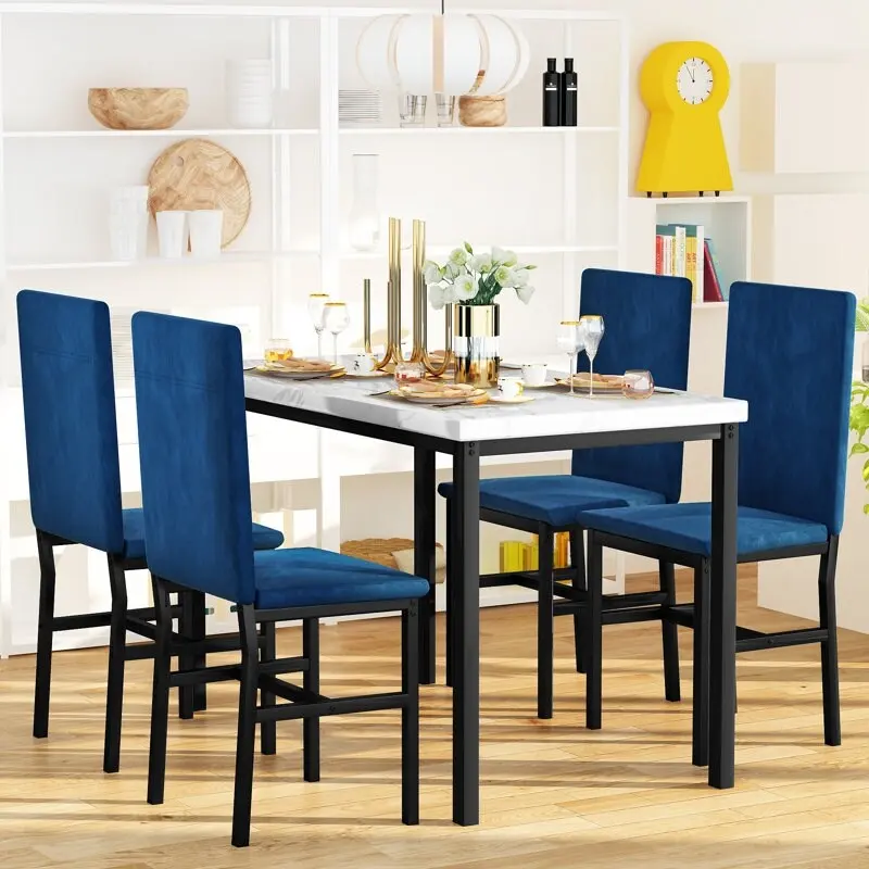 5 Piece Dining Table Set for 4, Kitchen Faux Marble Table Set with Velvet Chairs for Small Spaces, Breakfast Nook, Living Room