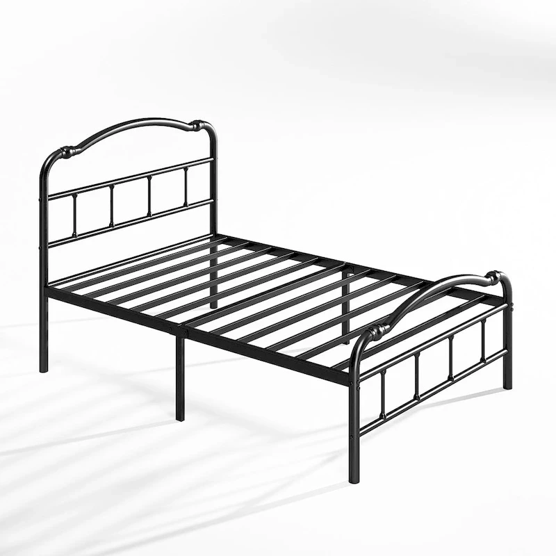Heavy Duty Anti-Sway 18 Inch High Steel Tube Iron Bed, Double Wave Headboard And Footboard
