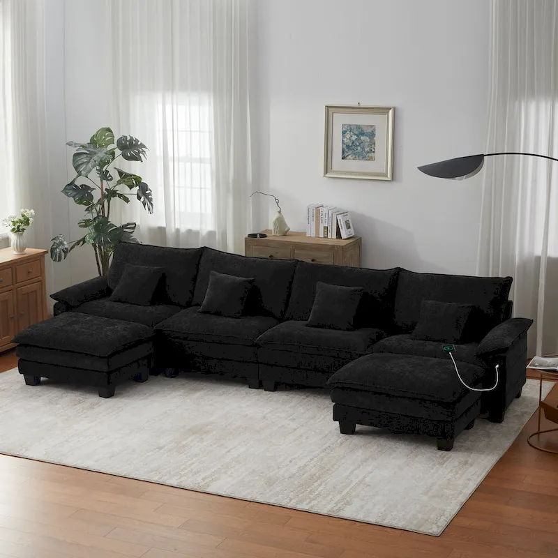 144 Modular Compression Sofa Set Convertible Sectional Sleeper Couch with 2 Ottomans