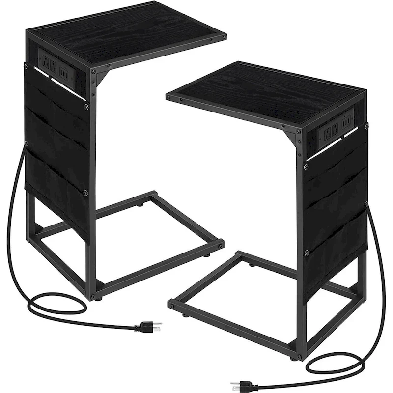 C Shaped End Table with Charging Station, Set of 2