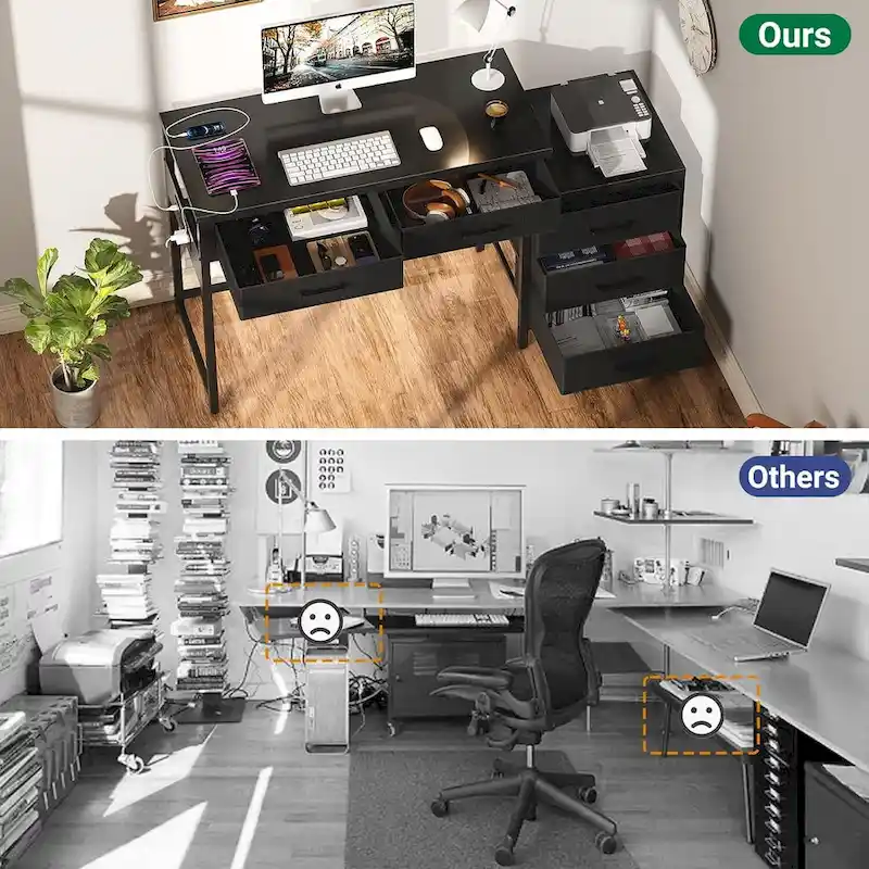 55 Computer Desk with 5 Fabric Drawers,Home Office Desk with Power Outlets  Printer Stand