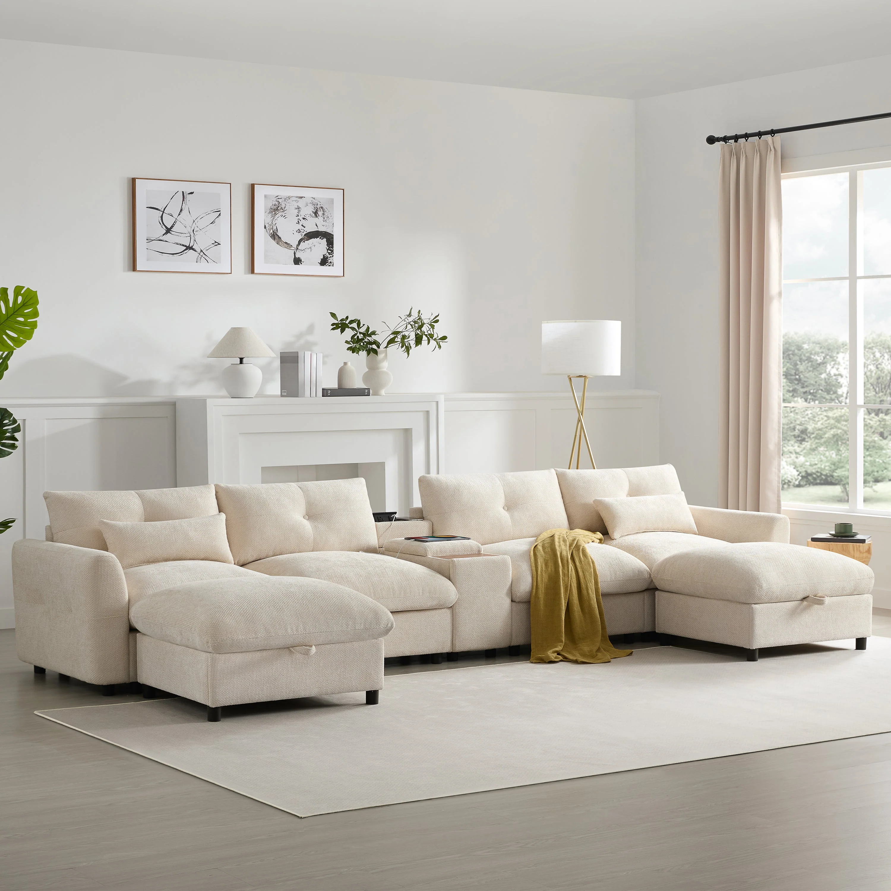 Oversized Chenille Modular Sectional Sofa with Console and Two Storage Ottomans
