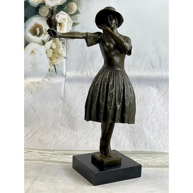 100 Percent Solid Bronze Sculpture Lady With Bird Signed Real Art Hot Cast Figurine Lrg