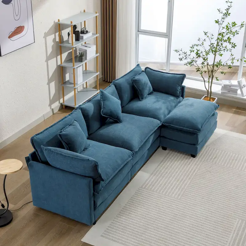 Blue 112.2 Modern L-Shaped 4-Seat Sofa with Removable Ottoman