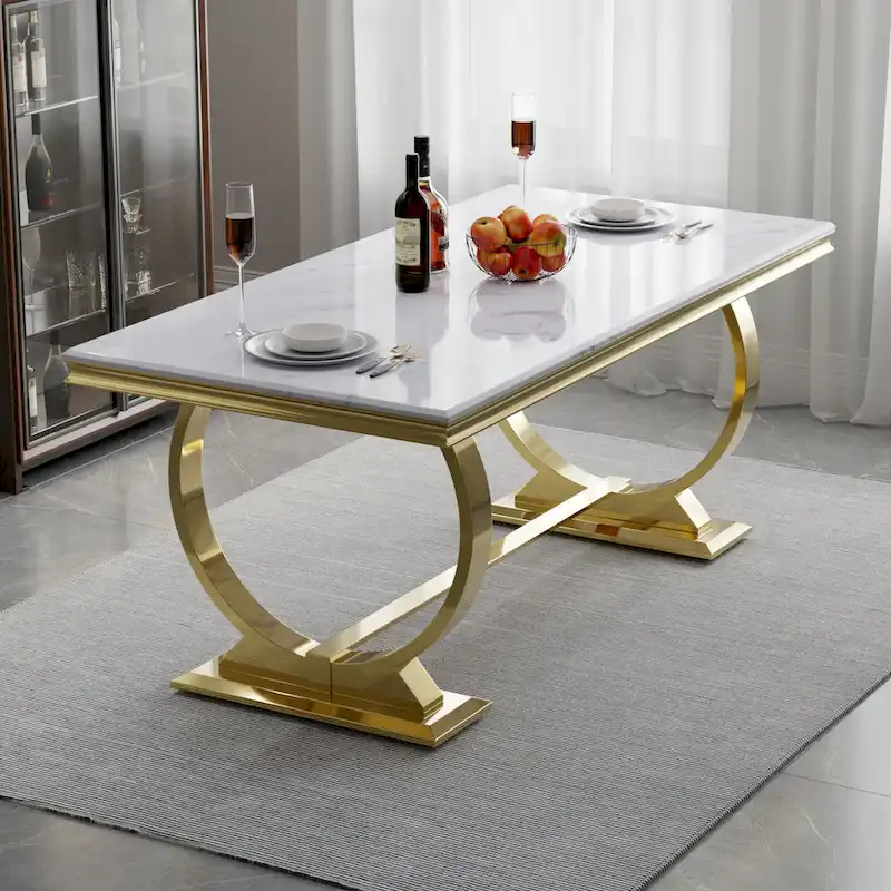 Luxury Dining Table with Polished Metal Circle Base - 72 Inch