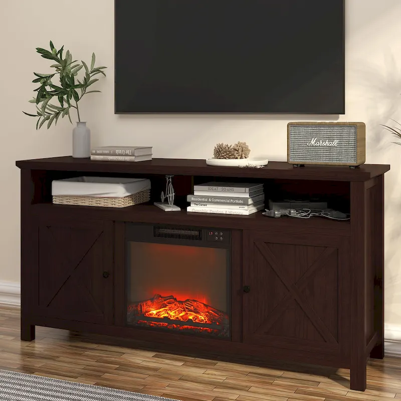 Clihome 58  Wood Fireplace TV Stand with 18  Electric Fireplace