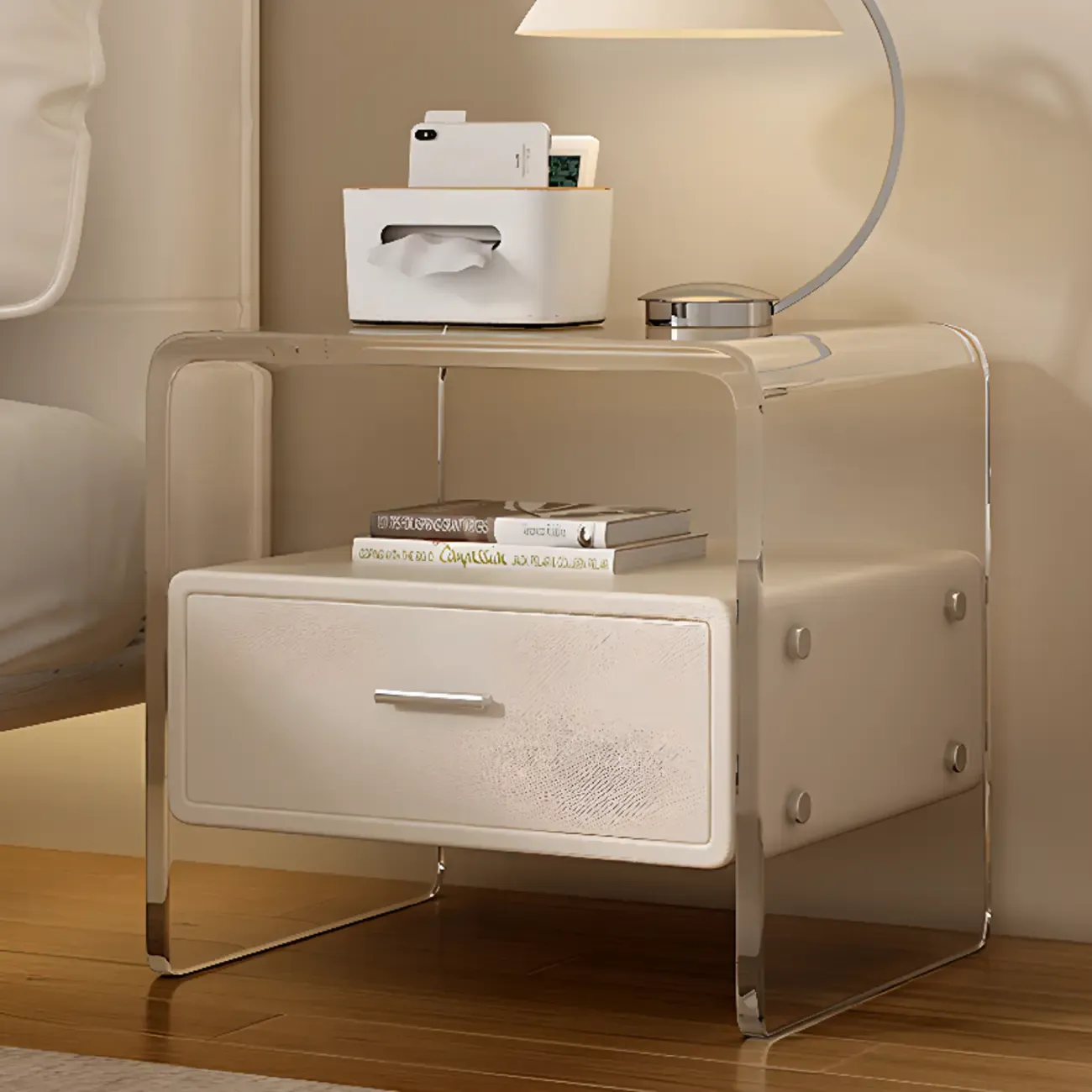Stylish Off-White Acrylic 2 Tiers Storage Nightstand