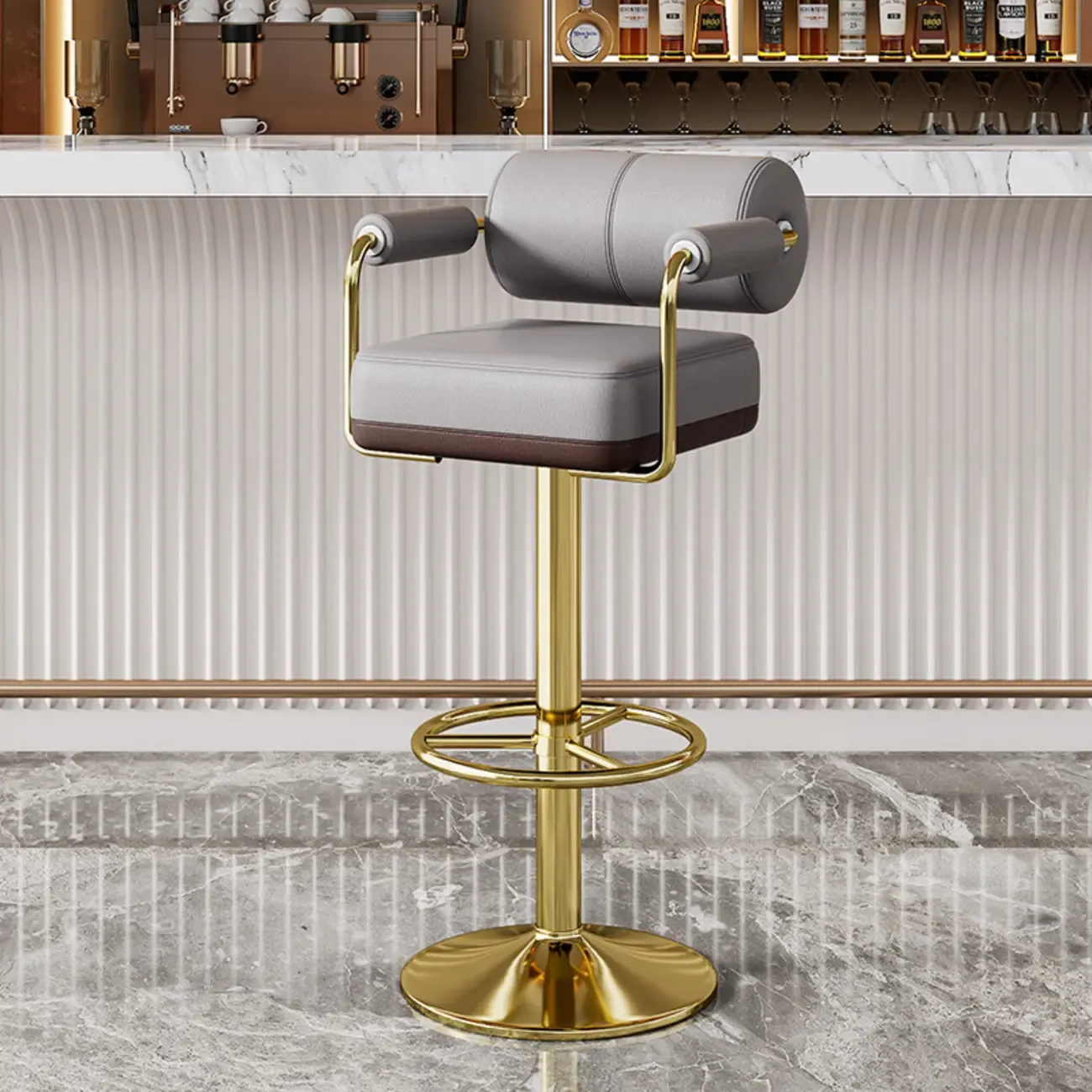 Square Adjustable Leather Gold Legs Swivel Bar Stools