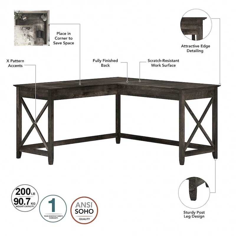60W L Desk with File Cabinet and Bookcase