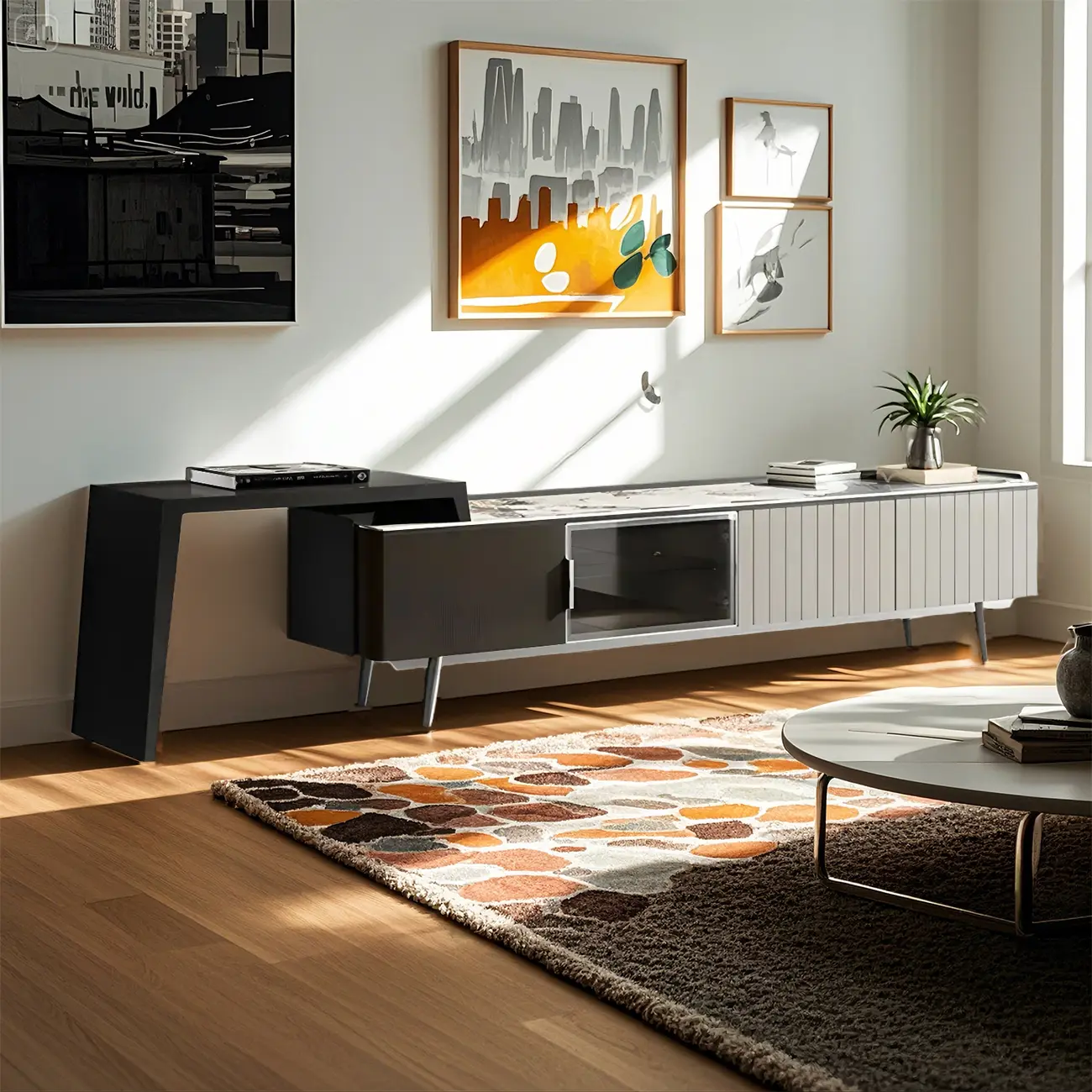 71 Black Stone Side Extension Storage TV Stand with Drawers