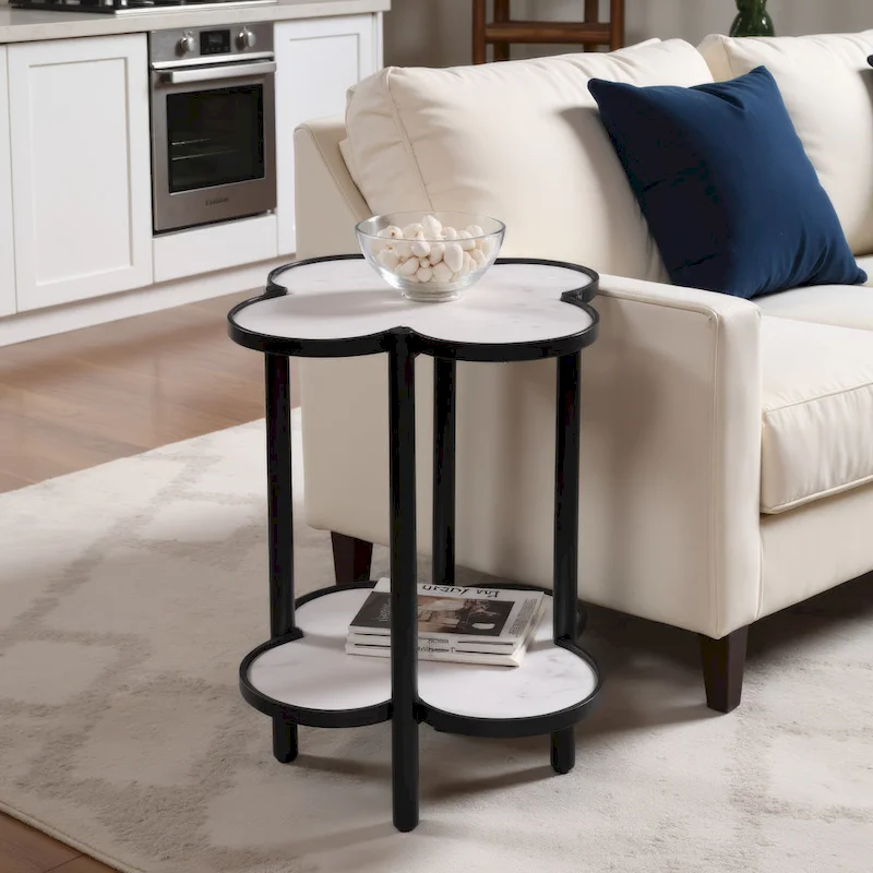 Chloe Side End Table, White Genuine Marble Clover Shape Top With Black Iron Frame