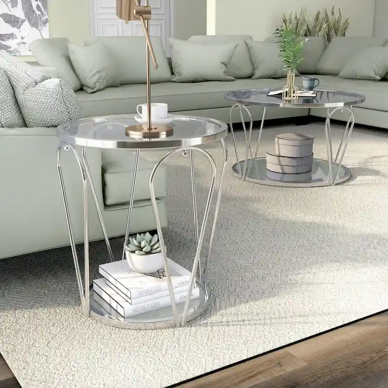 Gable Glam 2-Piece Glass Top Coffee Table Set with Shelf by Furniture of America