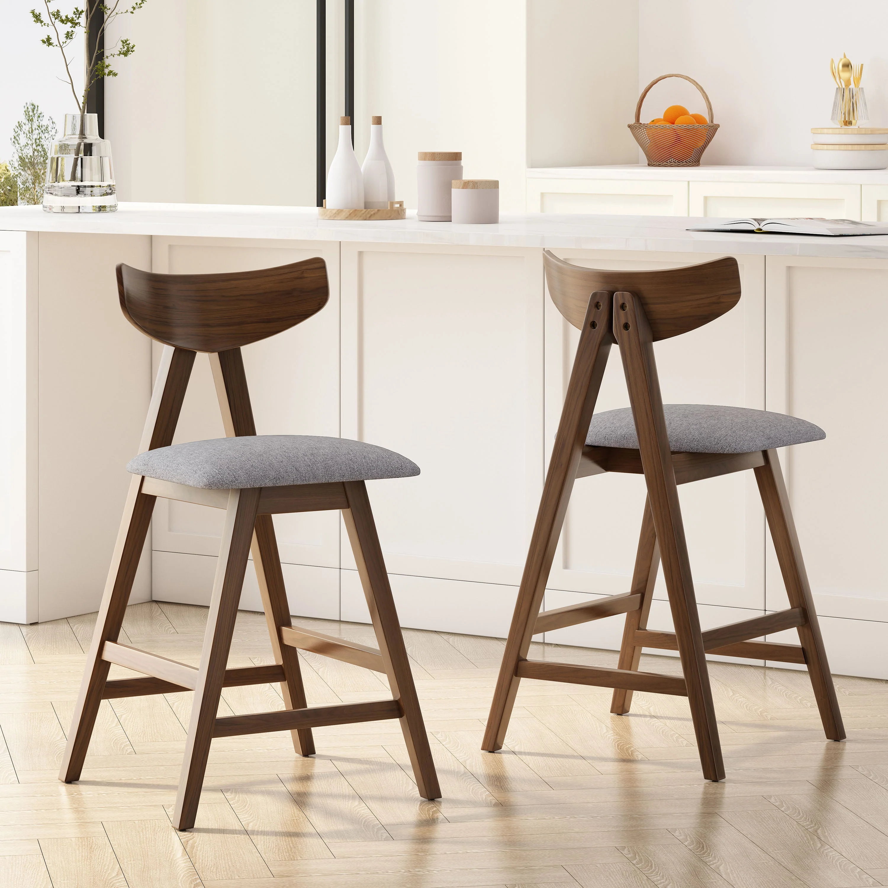 Mid Century Modern Upholstered Wood Counter Stools (Set of 2)