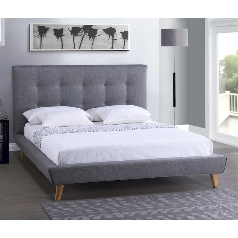 Full size Modern Grey Linen Upholstered Platform Bed with Button Tufted Headboard