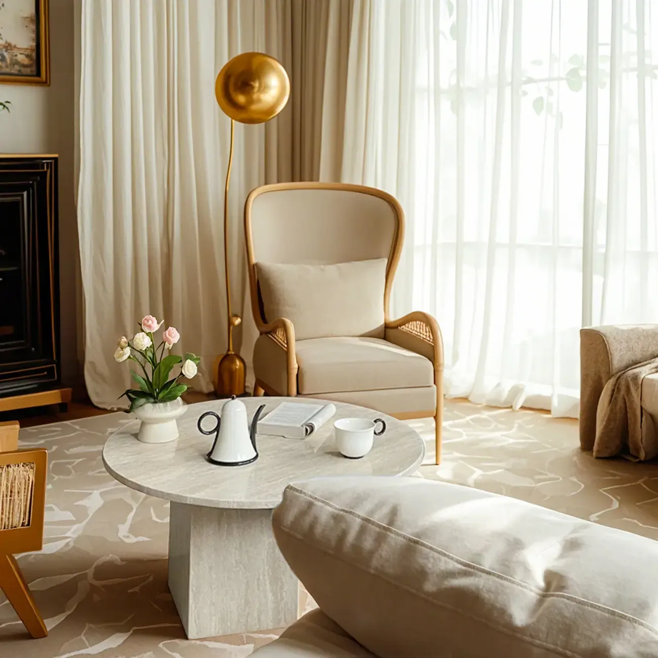 Modern Travertine Round Beige Coffee Table with Small Space