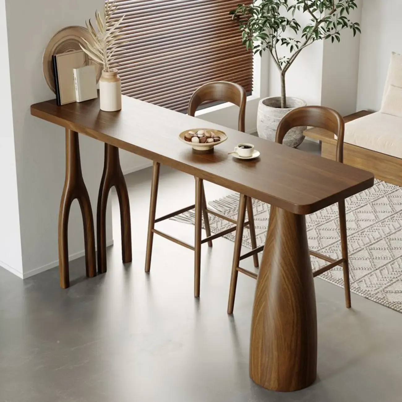 Nordic Wood Brown Rectangle Bistro Tables with 3 Legs for 4 People
