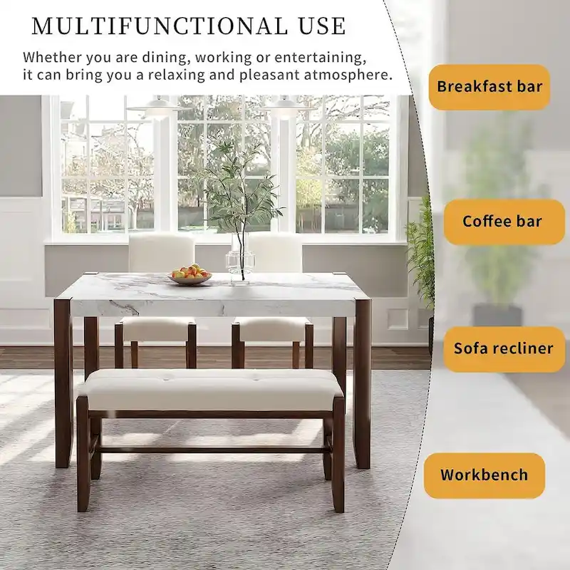 4-piece Dining Set with Faux Marble Style Table and 2 Upholstered Chairs & Bench with Wood Legs
