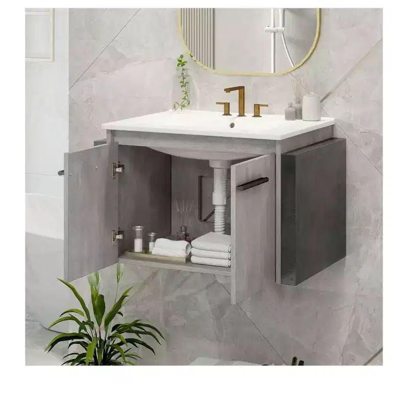Gray Wall-Mounted Single-Sink Bathroom Vanity with Ceramic Basin