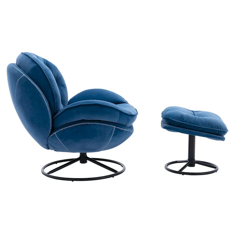 Blue Modern 31.73 Upholstered Swivel Buttons Tufted Accent Chair with Ottoman and Black Metal Legs