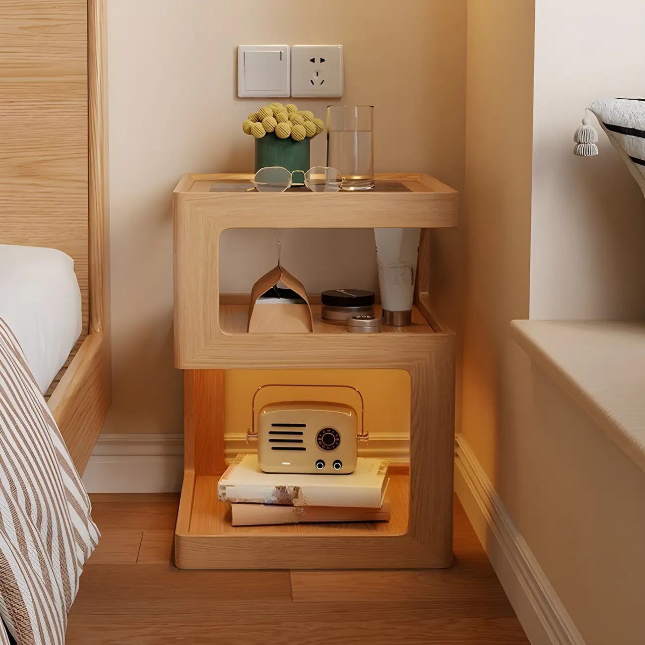 Narrow Wood and Glass Nut-Brown Shelves Nightstand with Light