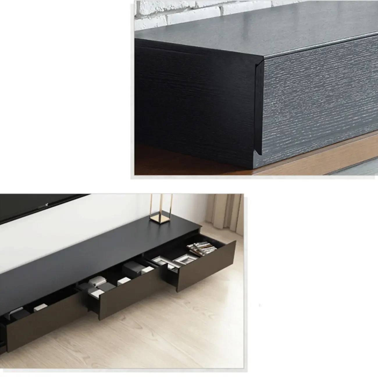 Living Room Wood Side Shelf  Black Rectangular TV Stand