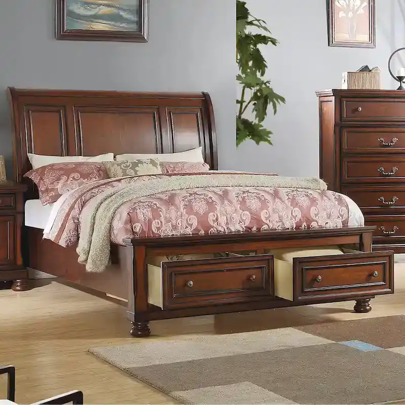 Sleigh Bed With 2 Drawers, Cherry Brown