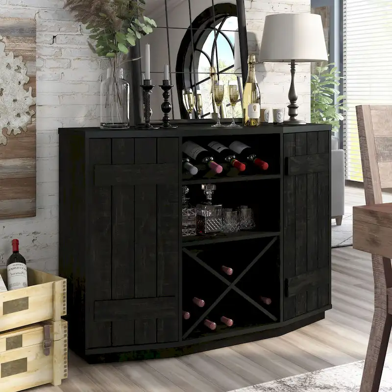 DH BASIC Farmhouse Plank-Style 28-Bottle 47-Inch Wine Cabinet Buffet by Denhour