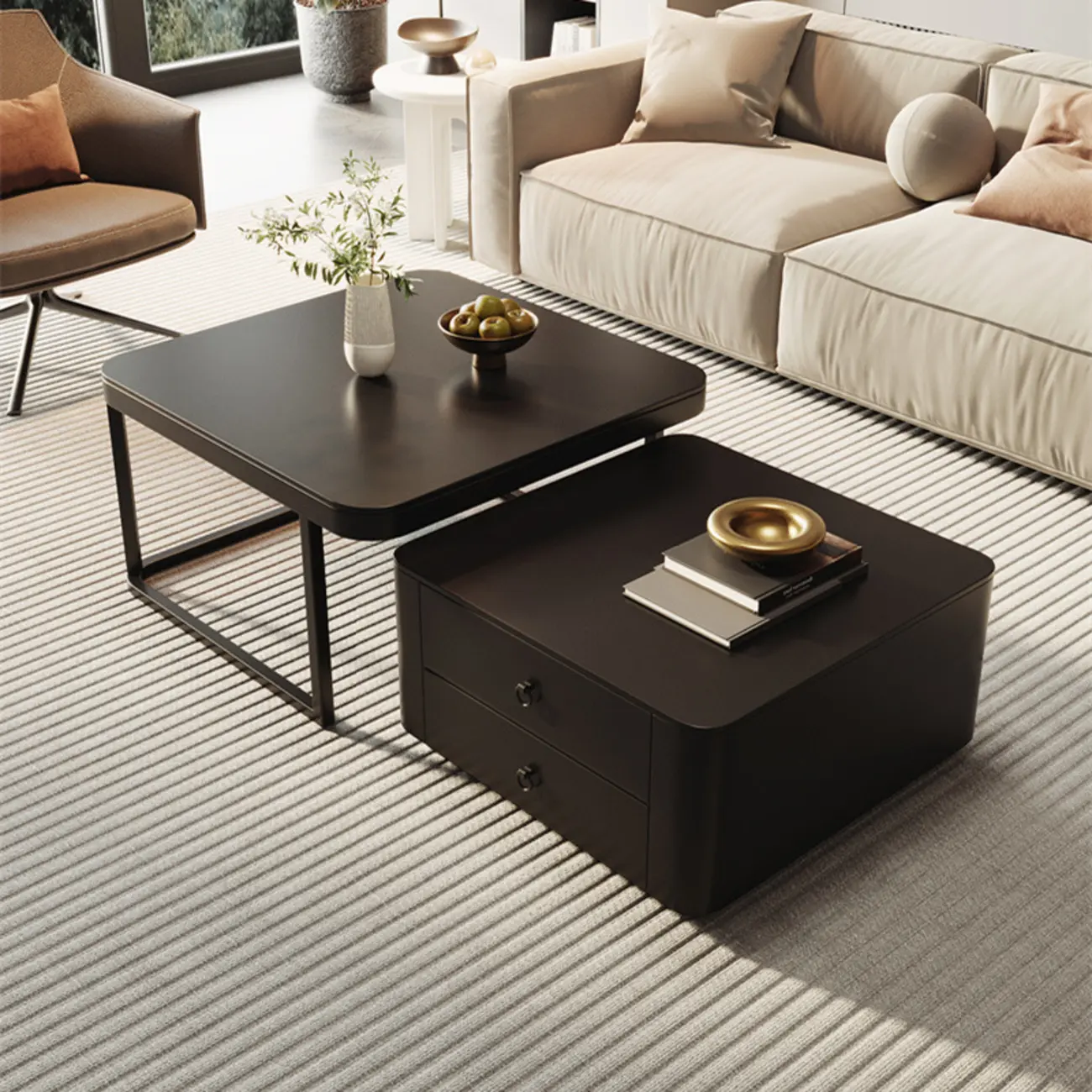 Modern Square Wood Stone Nesting Coffee Table