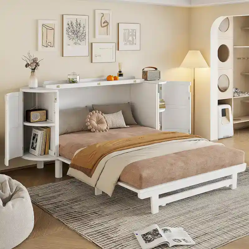 Folding Bed Convertible Sideboard with Hidden Storage, Modern Woven Murphy Bed Wood Hidden Wall Platform Bedframe Chest