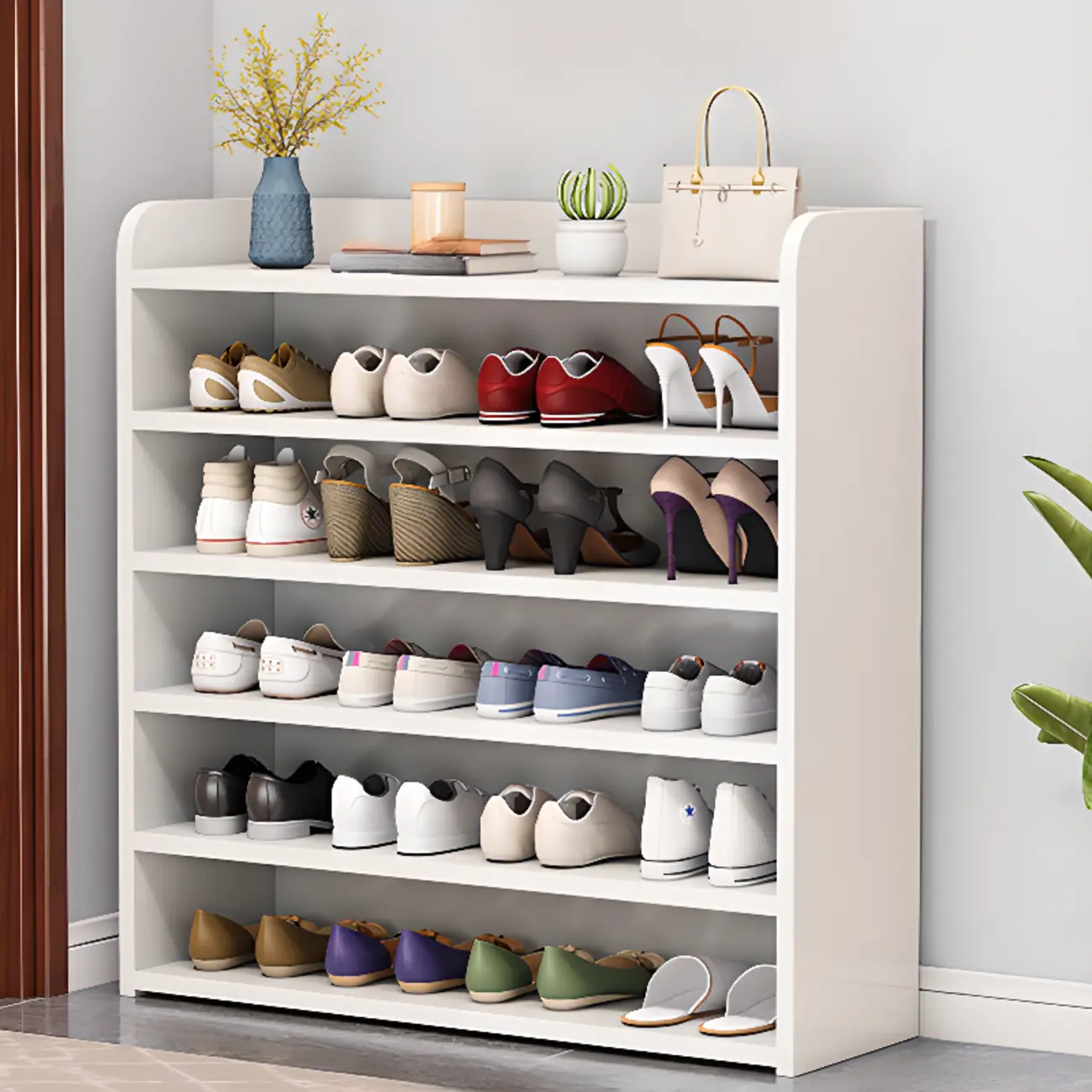 Vertical White Wooden Hallway 6-Tier Open Shoe Rack
