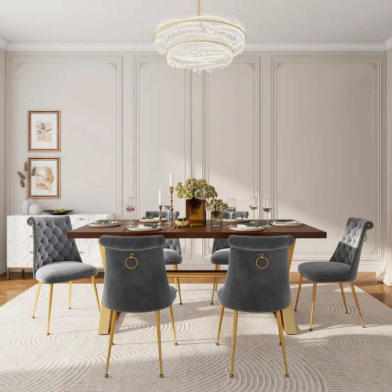 7-Piece  Walut Wood Dining Table with Velvet Chair Dining Chair