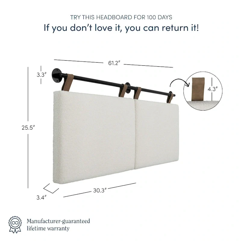 Charlie Wall Mount Boucle Upholstered Padded Headboard, Adjustable Height with Metal Rail