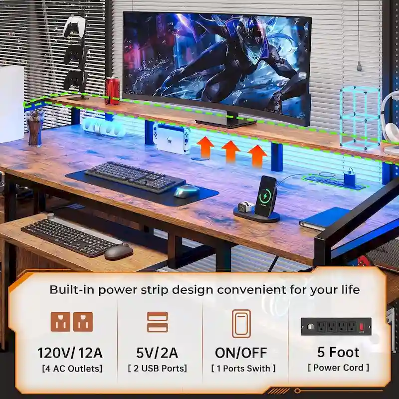 LED Computer Desk With Lock Drawers Keyboard Tray Power Outlet