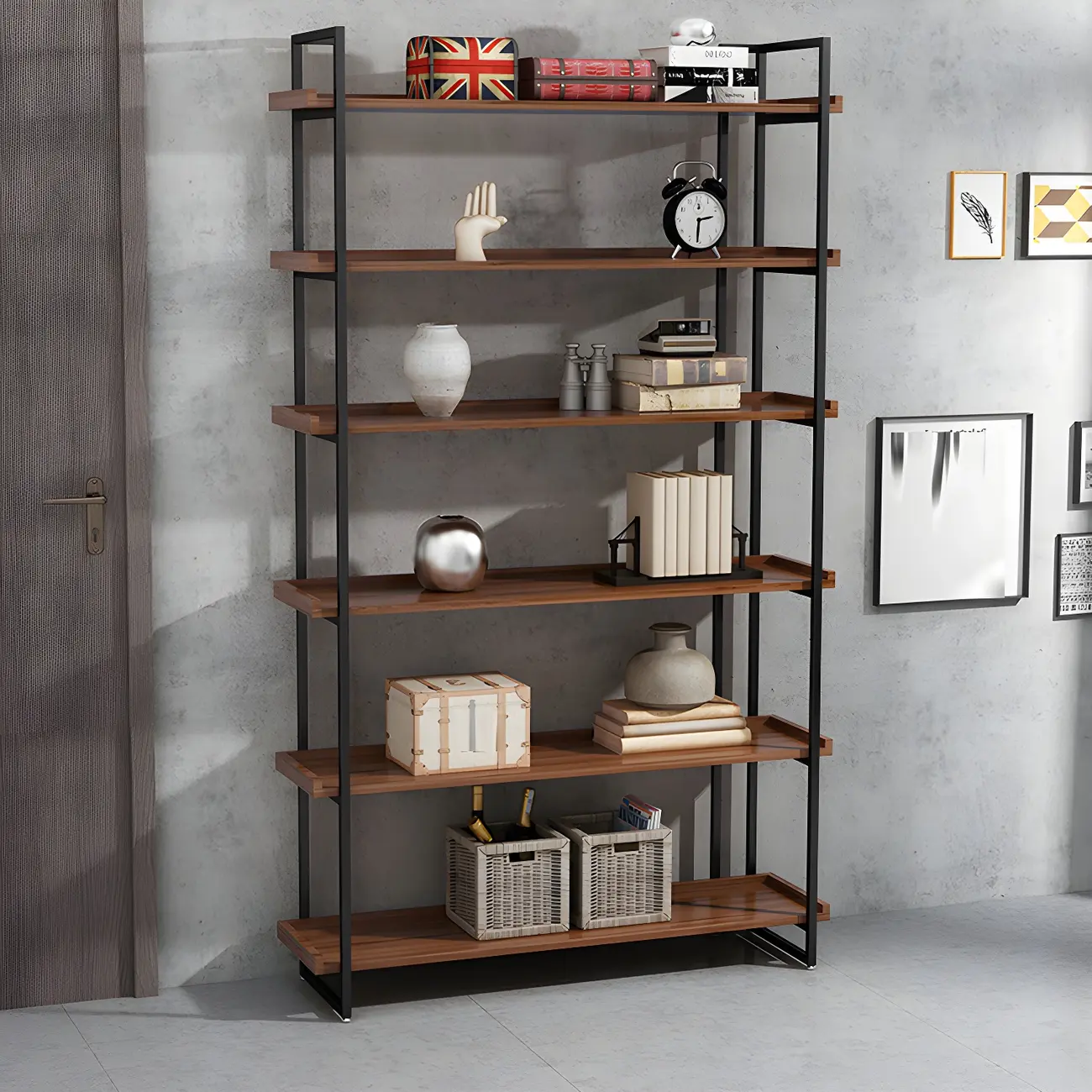 5-Shelf Industrial Metal Wood Brown Display Bookcase