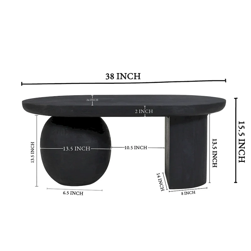 38 Inch Coffee Table, Oblong Mango Wood Top with a Modern Ball Leg
