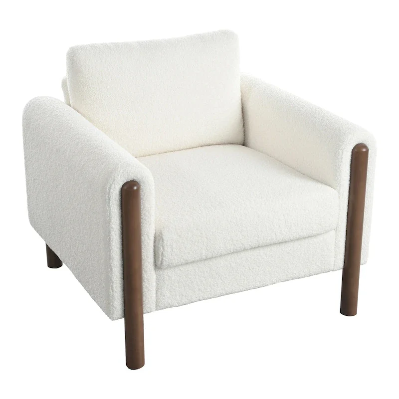 White 33.5 Upholstered Accent Chair with Walnut Legs and Curved Handrail