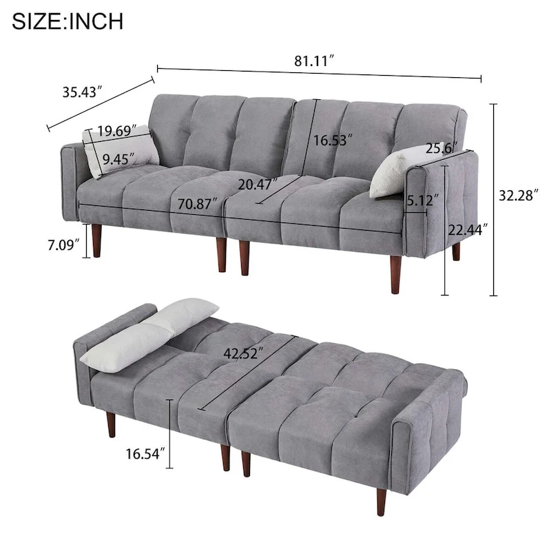 Convertible Futon Sofa Bed, Adjustable Couch Sleeper, Modern Fabric Linen Upholstered Futon Sofa bed with 2 Pillows