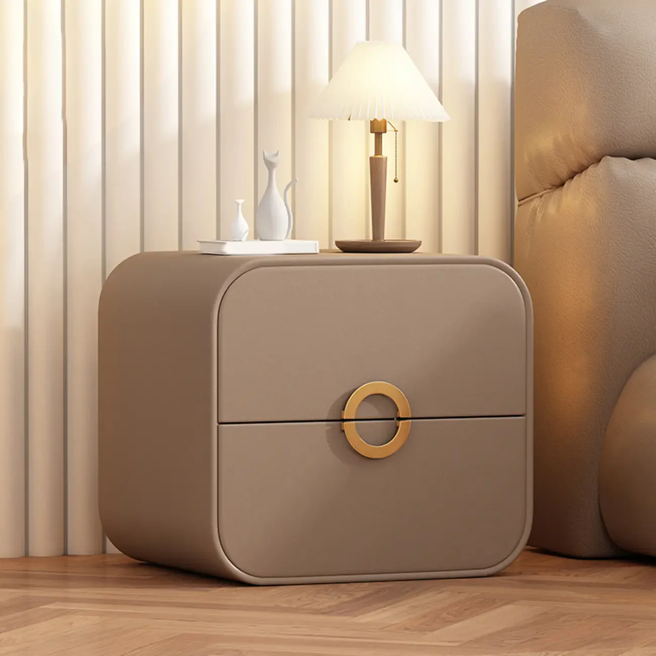 Modern Faux Leather Gold Ring Handle Nightstand with 2 Drawers