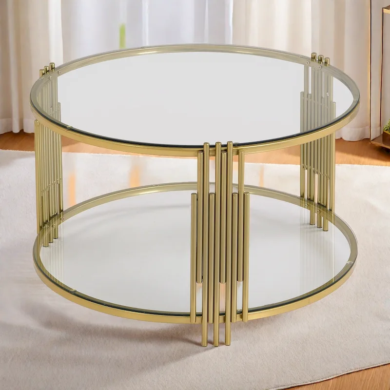 31.5 Tempered Glass Coffee Table with Asymmetrical Metal Design and Lower Shelf