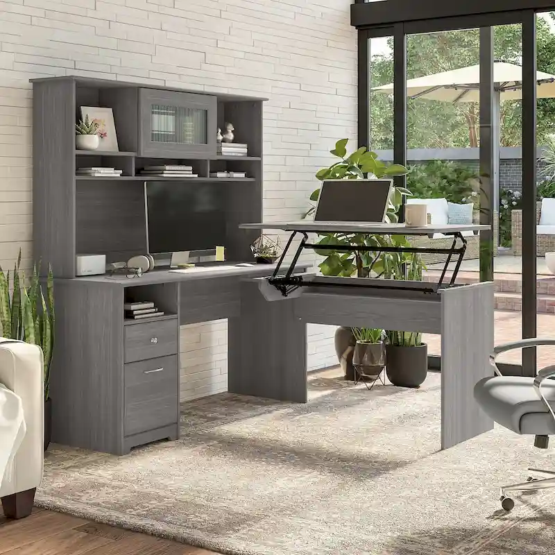 60W 3-position L-shaped Sit to Stand Desk with Hutch by
