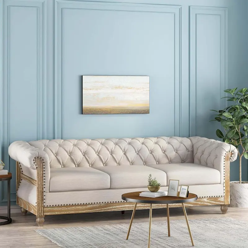 Beige Chesterfield Button Tufted 3-seater Sofa with Wood Legs